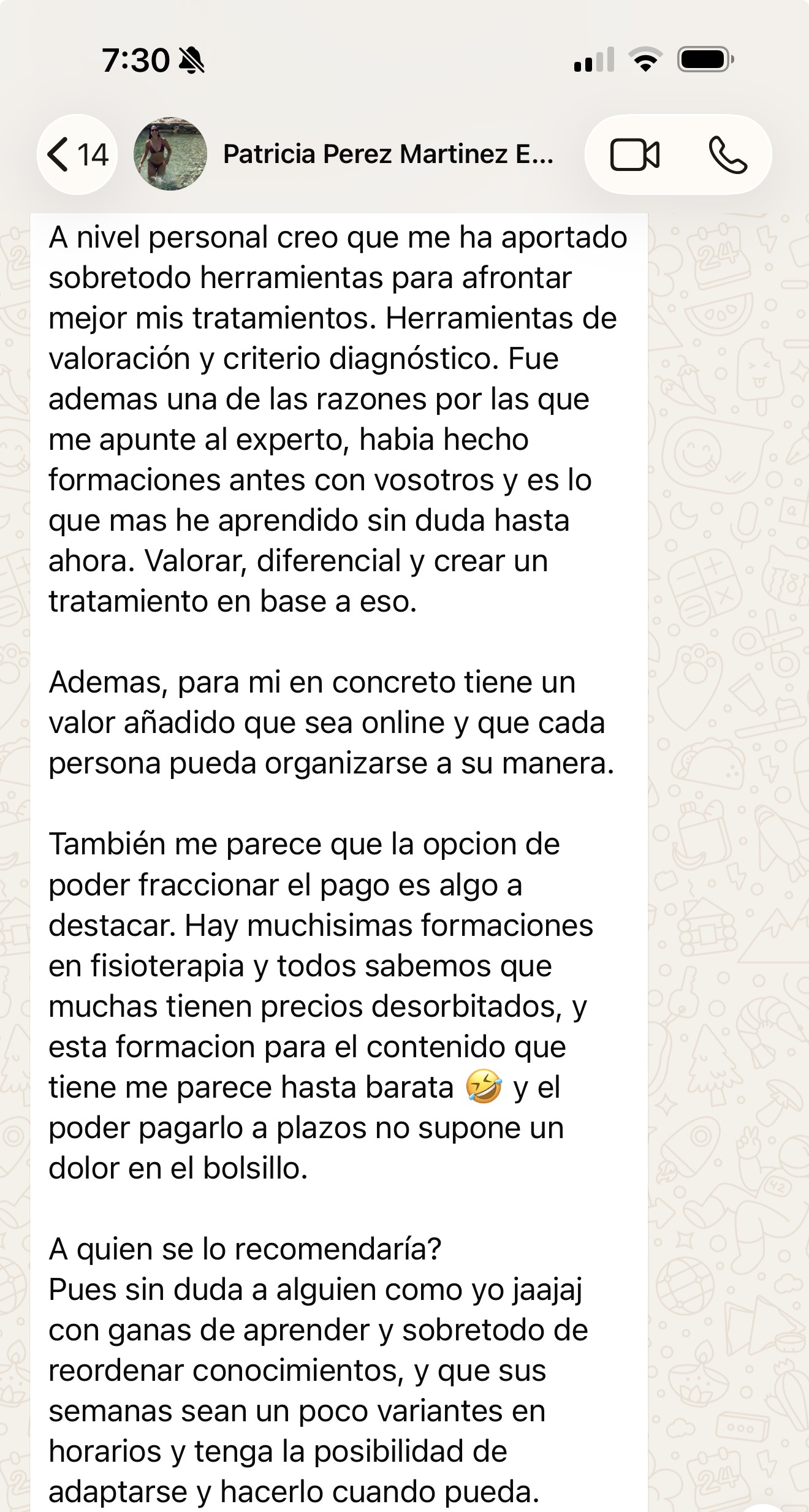 Testimonio de Patricia Pérez, alumna del Experto en Fisioterapia Neuromusculoesquelética