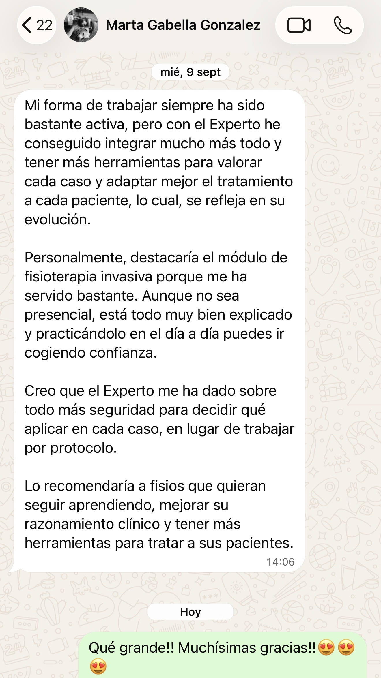 Testimonio de Marta Gabella, alumna del Experto en Fisioterapia Neuromusculoesquelética